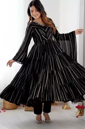 Black Color Real Mirror Work With Handwork mal Chanderi Gown Set