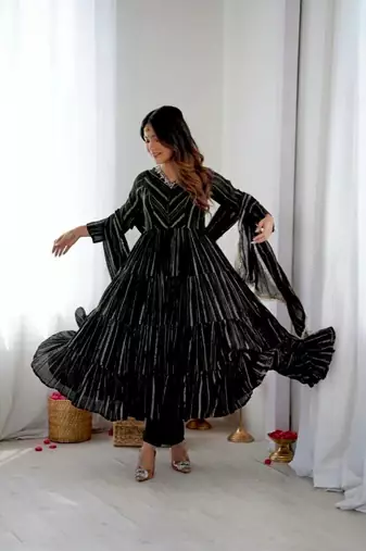 Black Color Real Mirror Work With Handwork mal Chanderi Gown Set