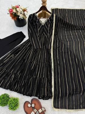 Black Color Real Mirror Work With Handwork mal Chanderi Gown Set 5