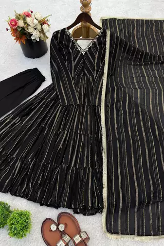 Black Color Real Mirror Work With Handwork mal Chanderi Gown Set