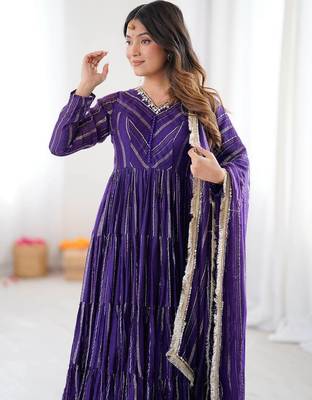 Purple Color Real Mirror Work With Handwork mal Chanderi Gown Set 2