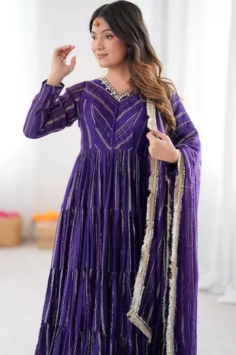 Purple Color Real Mirror Work With Handwork mal Chanderi Gown Set