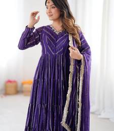 Purple Color Real Mirror Work With Handwork mal Chanderi Gown Set