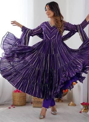 Purple Color Real Mirror Work With Handwork mal Chanderi Gown Set 3