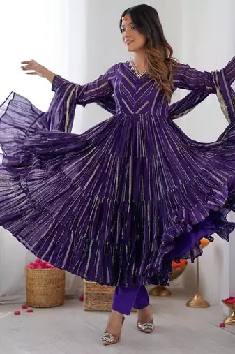 Purple Color Real Mirror Work With Handwork mal Chanderi Gown Set