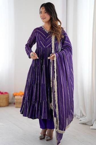 Purple Color Real Mirror Work With Handwork mal Chanderi Gown Set