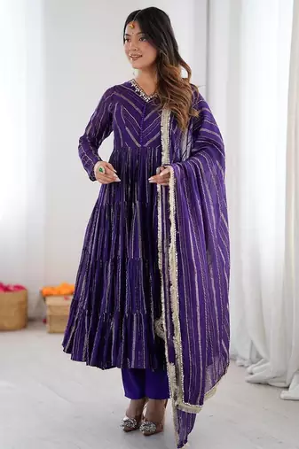 Purple Color Real Mirror Work With Handwork mal Chanderi Gown Set