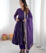 Purple Color Real Mirror Work With Handwork mal Chanderi Gown Set