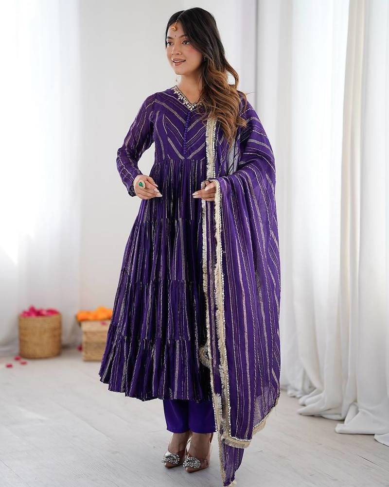 Purple Color Real Mirror Work With Handwork mal Chanderi Gown Set