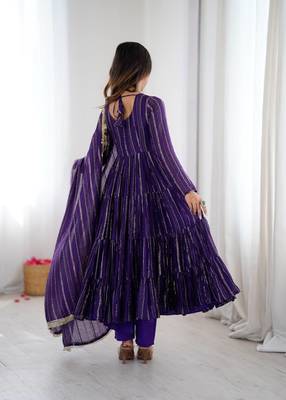 Purple Color Real Mirror Work With Handwork mal Chanderi Gown Set 4