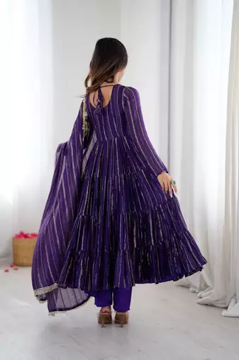 Purple Color Real Mirror Work With Handwork mal Chanderi Gown Set