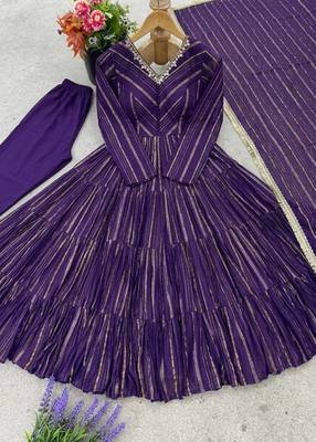Purple Color Real Mirror Work With Handwork mal Chanderi Gown Set 5