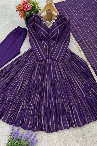 Purple Color Real Mirror Work With Handwork mal Chanderi Gown Set