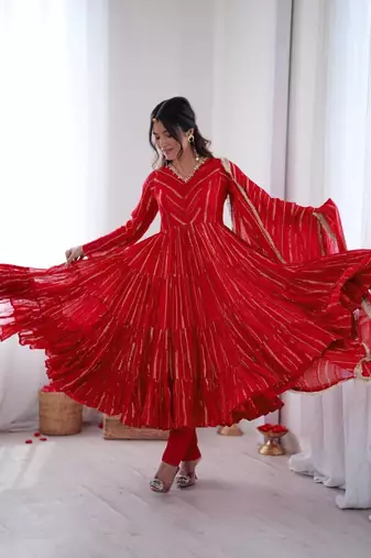 Red Color Real Mirror Work With Handwork mal Chanderi Gown Set