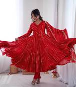 Red Color Real Mirror Work With Handwork mal Chanderi Gown Set