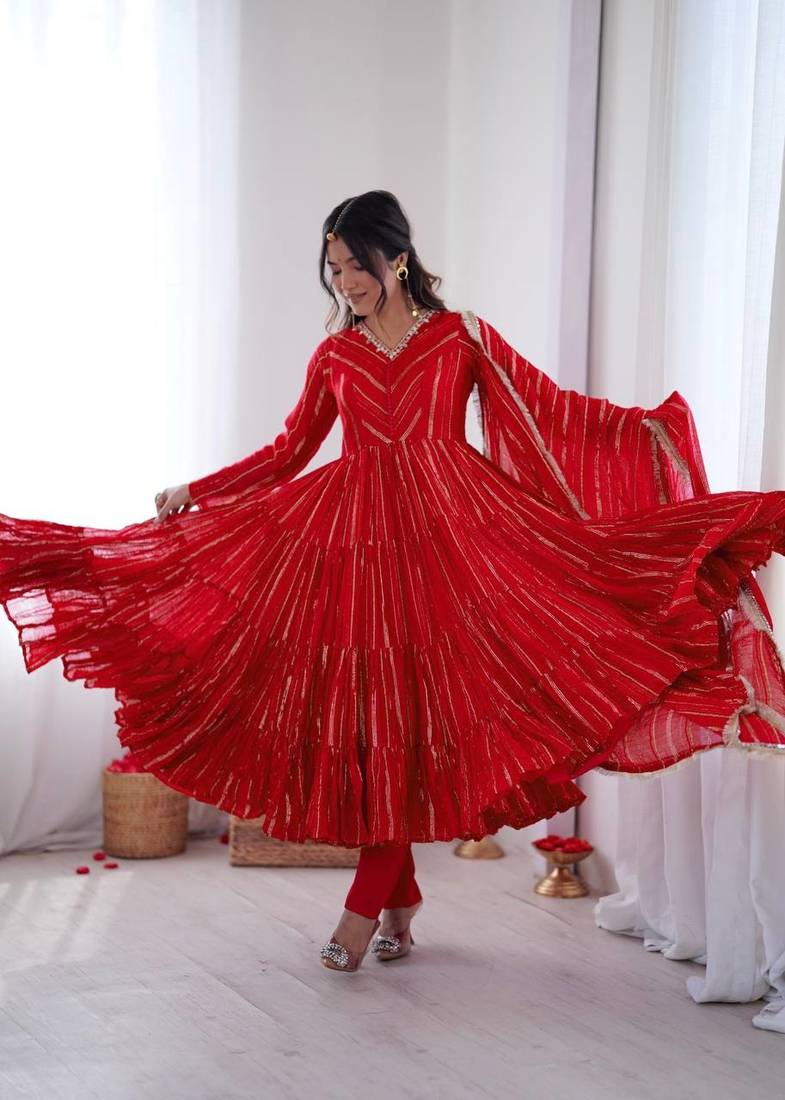 Red Color Real Mirror Work With Handwork mal Chanderi Gown Set