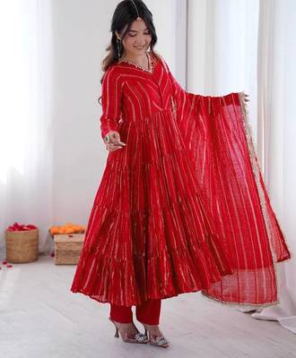 Red Color Real Mirror Work With Handwork mal Chanderi Gown Set 2
