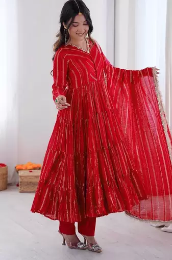 Red Color Real Mirror Work With Handwork mal Chanderi Gown Set