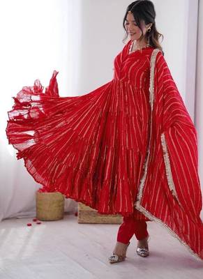 Red Color Real Mirror Work With Handwork mal Chanderi Gown Set 3