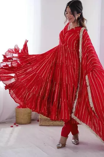 Red Color Real Mirror Work With Handwork mal Chanderi Gown Set
