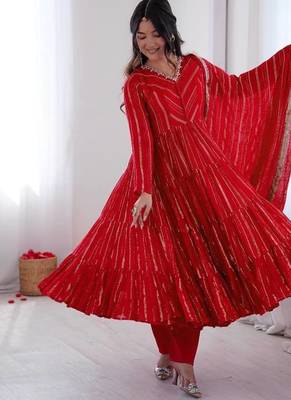 Red Color Real Mirror Work With Handwork mal Chanderi Gown Set 4