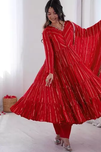 Red Color Real Mirror Work With Handwork mal Chanderi Gown Set
