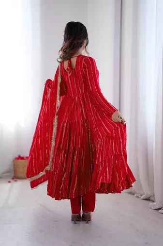 Red Color Real Mirror Work With Handwork mal Chanderi Gown Set