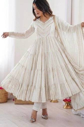White Color Real Mirror Work With Handwork mal Chanderi Gown Set