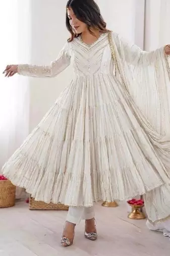 White Color Real Mirror Work With Handwork mal Chanderi Gown Set