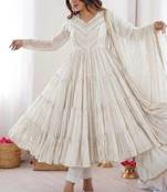 White Color Real Mirror Work With Handwork mal Chanderi Gown Set