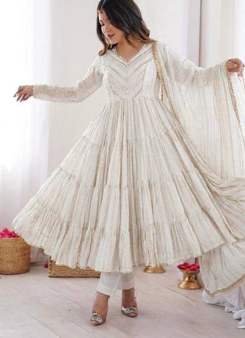 White Color Real Mirror Work With Handwork mal Chanderi Gown Set