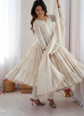 White Color Real Mirror Work With Handwork mal Chanderi Gown Set 2
