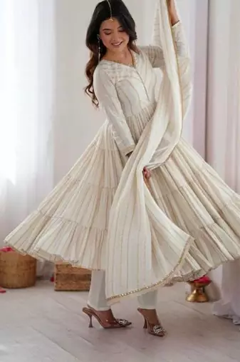 White Color Real Mirror Work With Handwork mal Chanderi Gown Set