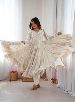 White Color Real Mirror Work With Handwork mal Chanderi Gown Set 3