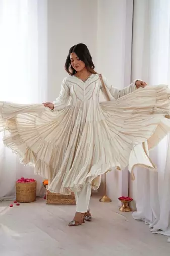 White Color Real Mirror Work With Handwork mal Chanderi Gown Set