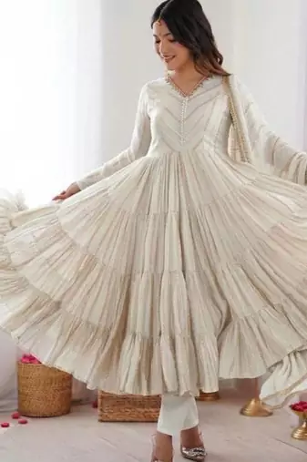 White Color Real Mirror Work With Handwork mal Chanderi Gown Set