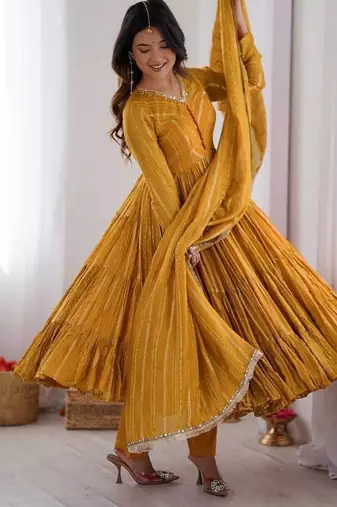 Yellow Color Real Mirror Work With Handwork mal Chanderi Gown Set