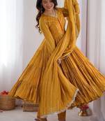 Yellow Color Real Mirror Work With Handwork mal Chanderi Gown Set