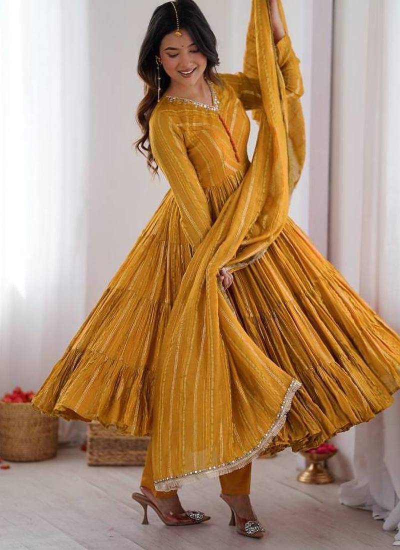 Yellow Color Real Mirror Work With Handwork mal Chanderi Gown Set