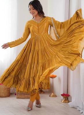 Yellow Color Real Mirror Work With Handwork mal Chanderi Gown Set 2