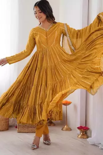 Yellow Color Real Mirror Work With Handwork mal Chanderi Gown Set