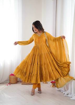 Yellow Color Real Mirror Work With Handwork mal Chanderi Gown Set 3