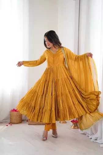 Yellow Color Real Mirror Work With Handwork mal Chanderi Gown Set