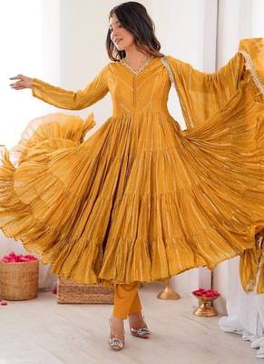 Yellow Color Real Mirror Work With Handwork mal Chanderi Gown Set 4