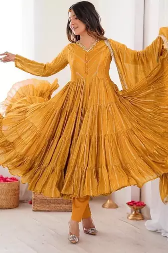 Yellow Color Real Mirror Work With Handwork mal Chanderi Gown Set