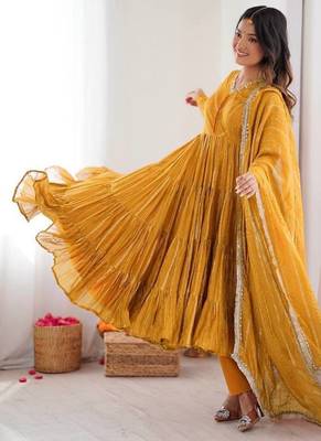 Yellow Color Real Mirror Work With Handwork mal Chanderi Gown Set 5