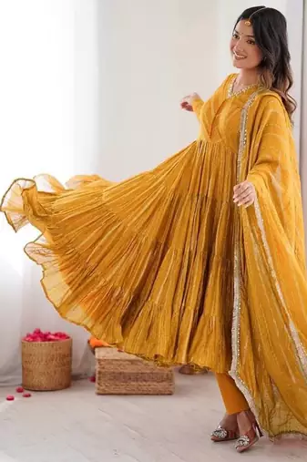 Yellow Color Real Mirror Work With Handwork mal Chanderi Gown Set
