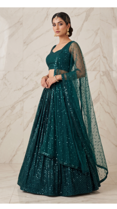 Dark Green Georgette Silk Sequins Work Lehenga Choli with Organza Dupatta 1