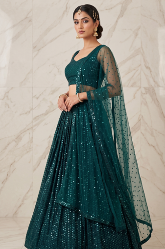 Dark Green Georgette Silk Sequins Work Lehenga Choli with Organza Dupatta