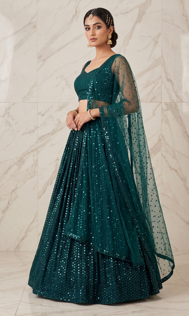 Dark Green Georgette Silk Sequins Work Lehenga Choli with Organza Dupatta